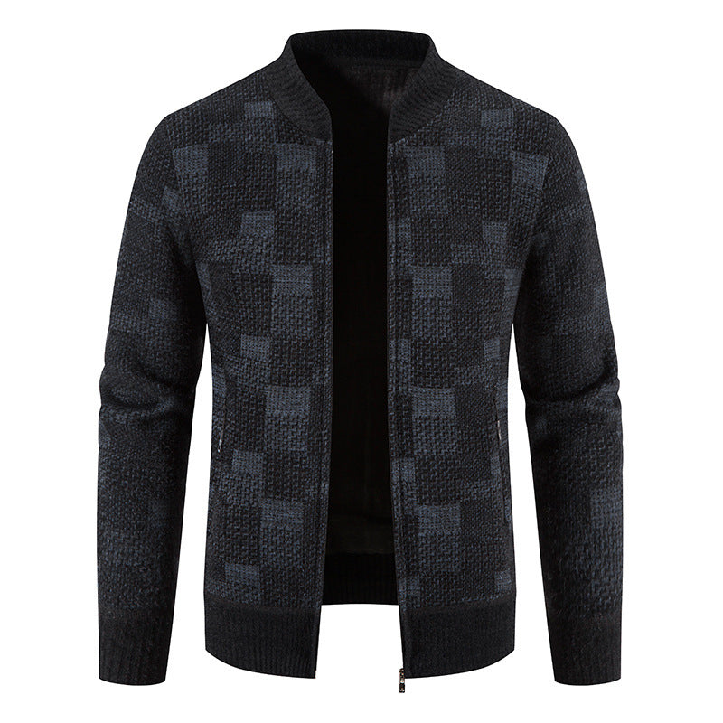 Men's Fleece-lined Thickened Baseball Collar Plaid Knitted Cardigan