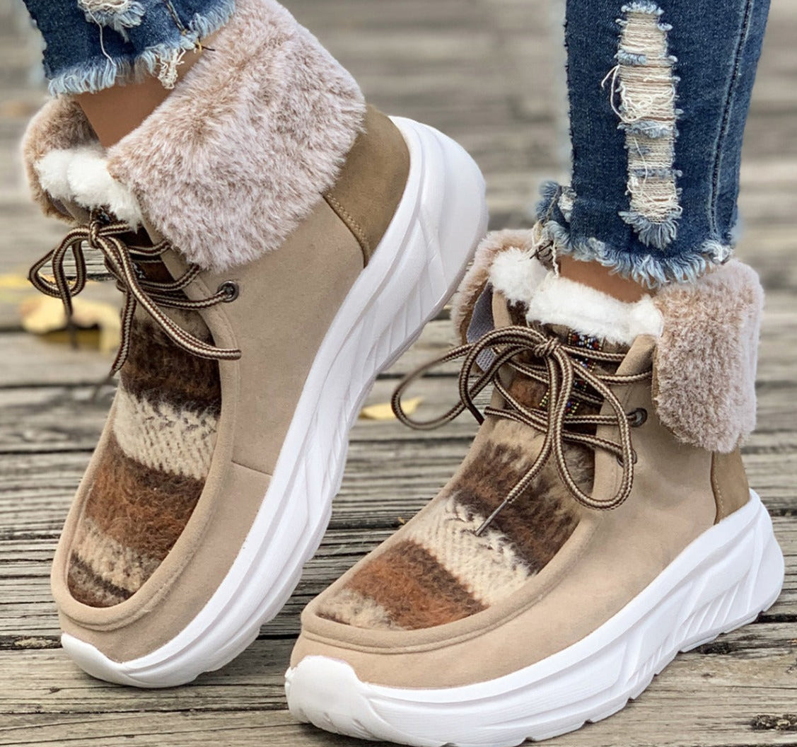 Lace-up Snow Boots Women's Fuzzy Mied-color Soft Sole Platform Thermal Lined Shoes Winter Non-slip Plush Boots