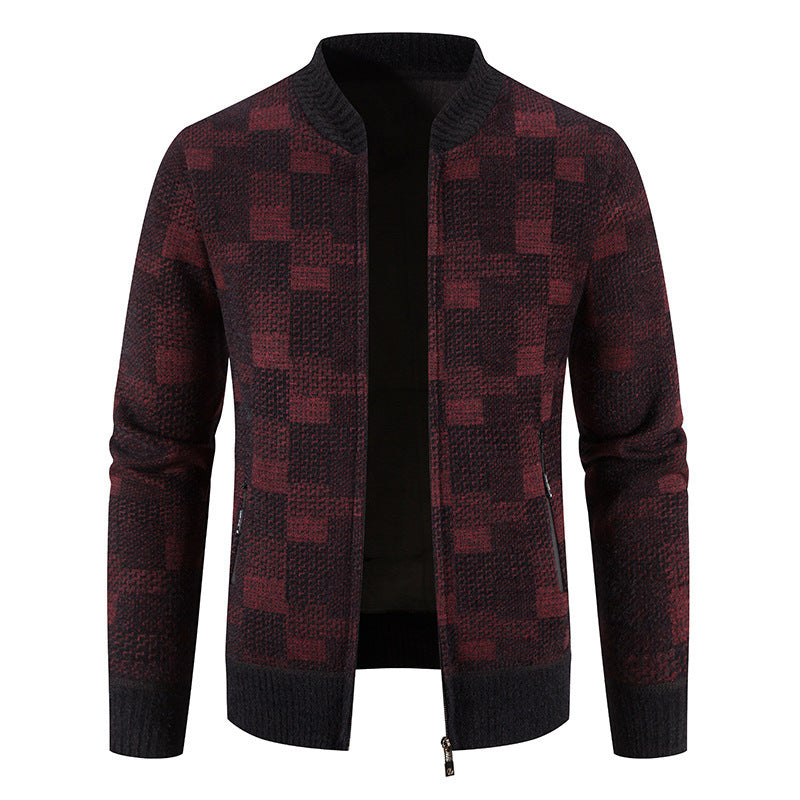 Men's Fleece-lined Thickened Baseball Collar Plaid Knitted Cardigan