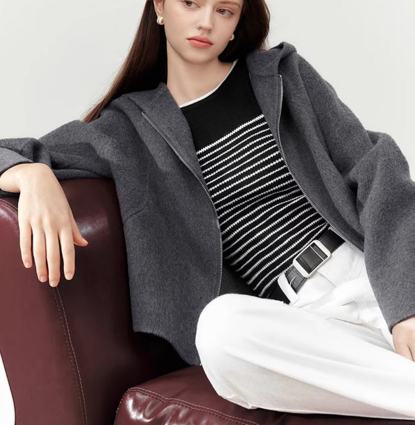 Gray Double-faced Woolen Goods Short Women's Coat