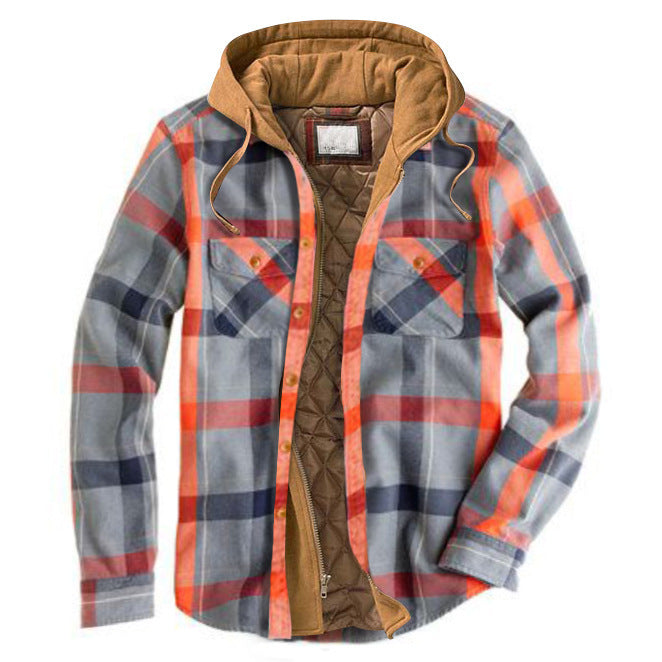 Autumn And WinterJacket Hooded Fake Two-piece Plaid Jacket.