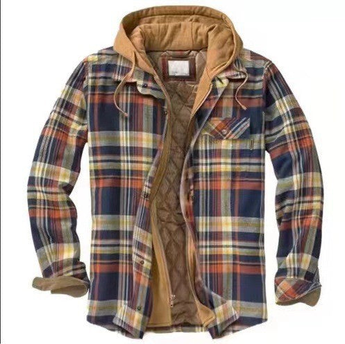 Autumn And WinterJacket Hooded Fake Two-piece Plaid Jacket.