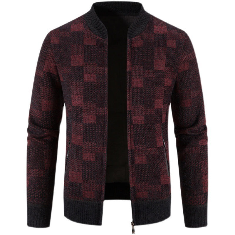 Men's Fleece-lined Thickened Baseball Collar Plaid Knitted Cardigan