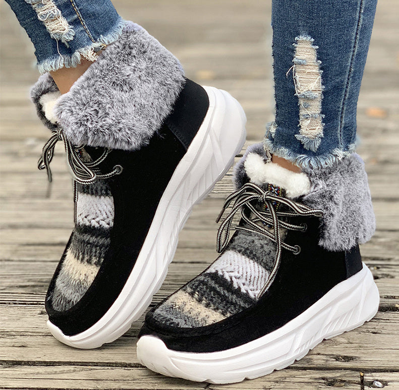 Lace-up Snow Boots Women's Fuzzy Mied-color Soft Sole Platform Thermal Lined Shoes Winter Non-slip Plush Boots