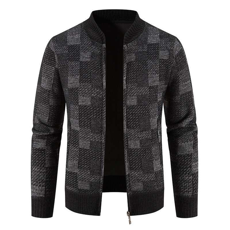 Men's Fleece-lined Thickened Baseball Collar Plaid Knitted Cardigan