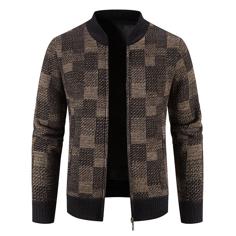 Men's Fleece-lined Thickened Baseball Collar Plaid Knitted Cardigan