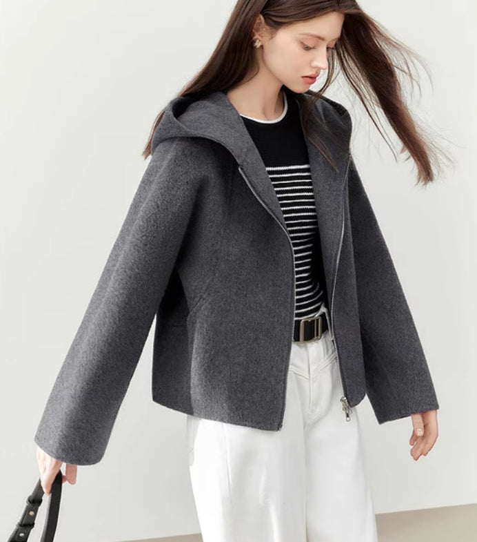 Gray Double-faced Woolen Goods Short Women's Coat